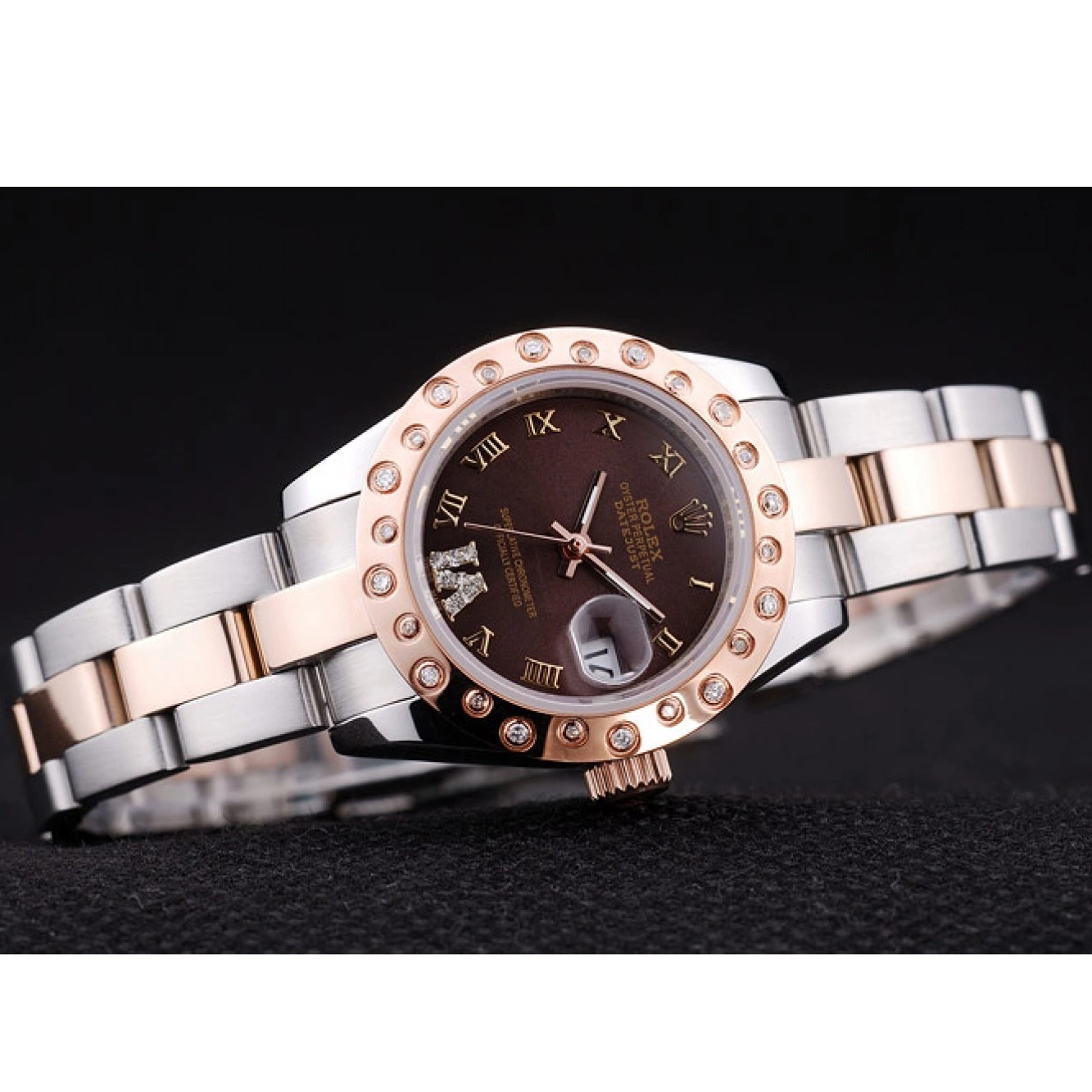 Aaa fake watches 7475 Bezel Dial Datejust Gold Brown Diamonds Rose Rolex Polished 0719